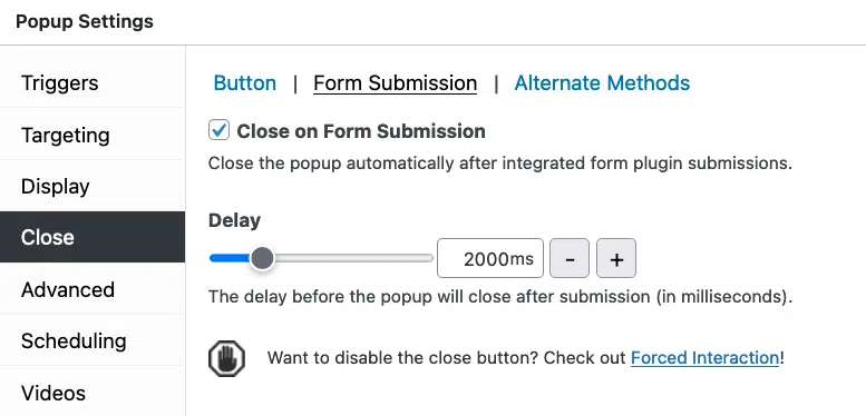 Close on Form Submission popup settings