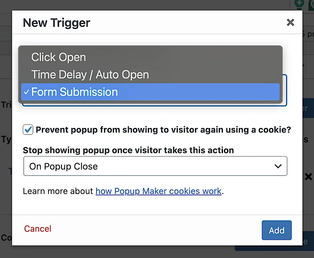 Select Form Submission trigger when adding a new popup trigger