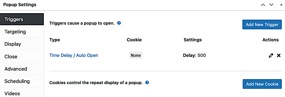 Popup triggers settings